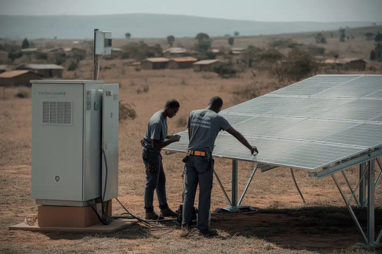 Installation solaire rurale au Kenya avec techniciens et panneaux photovoltaïques