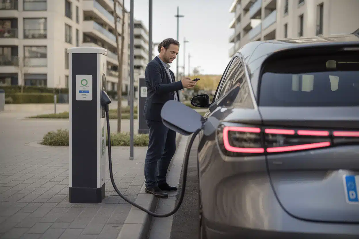 Recharge de voiture électrique sur une borne publique urbaine récente