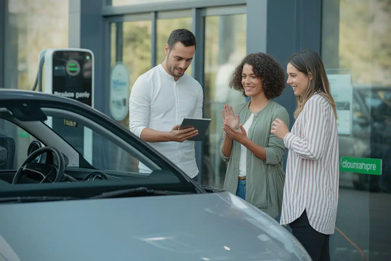 Famille évaluant une voiture électrique d'occasion avec un vendeur
