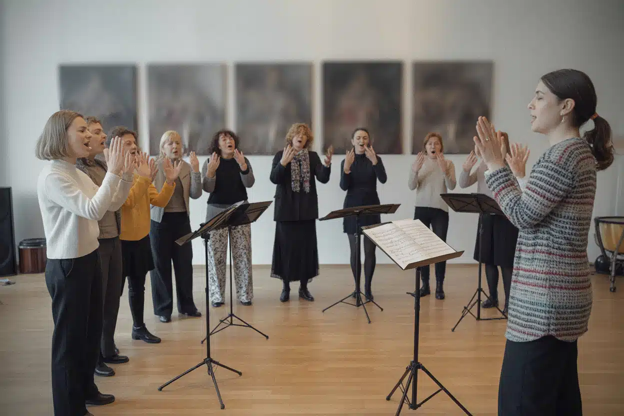 Chorale féministe LOUVES travaillant la voix en répétition collective