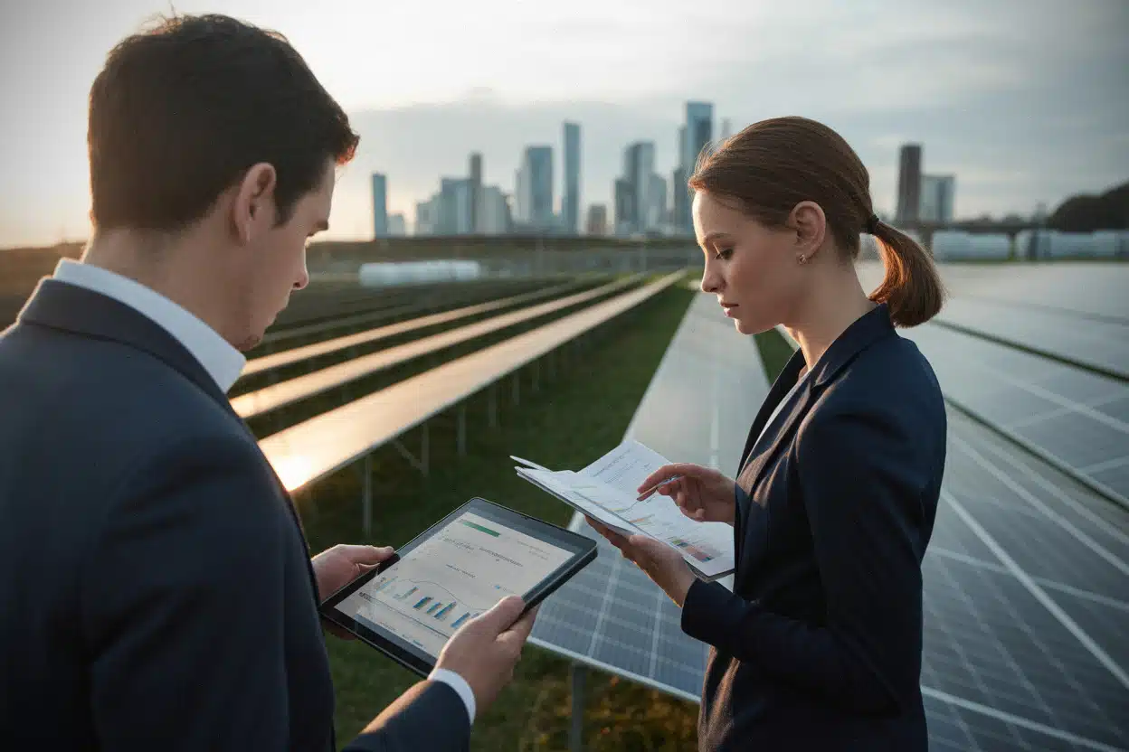 Analystes financiers évaluant un parc solaire financé par Wall Street