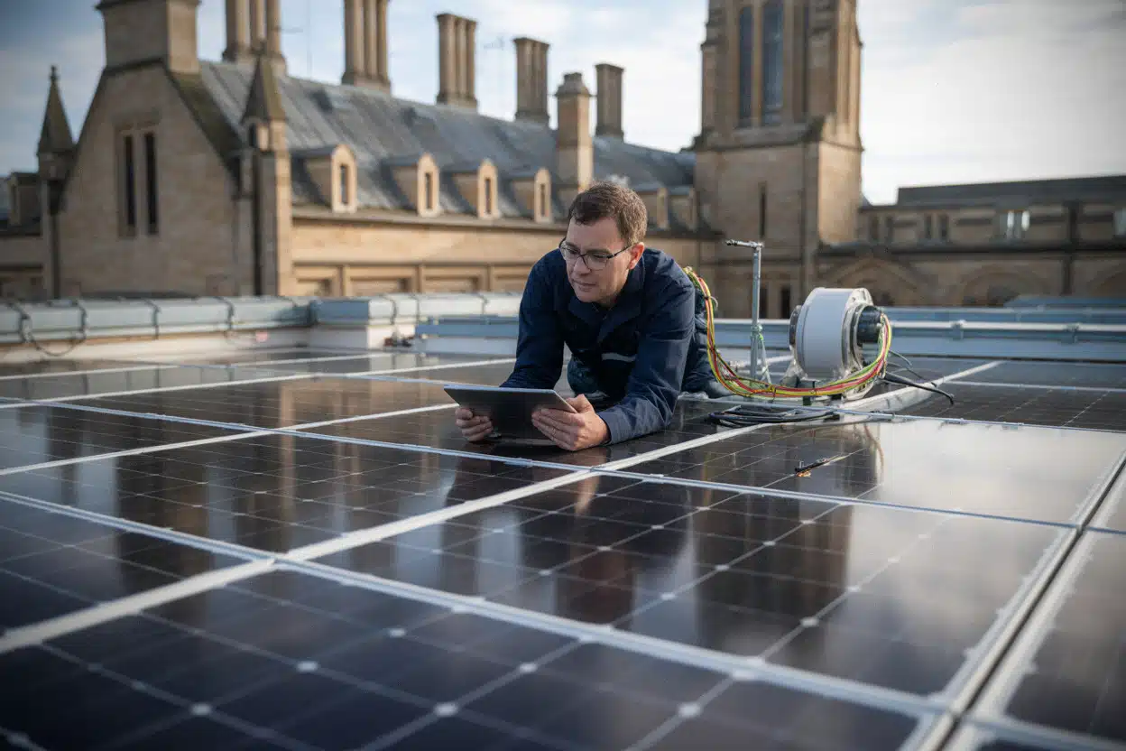 Technicien contrôlant des panneaux solaires sur un toit institutionnel