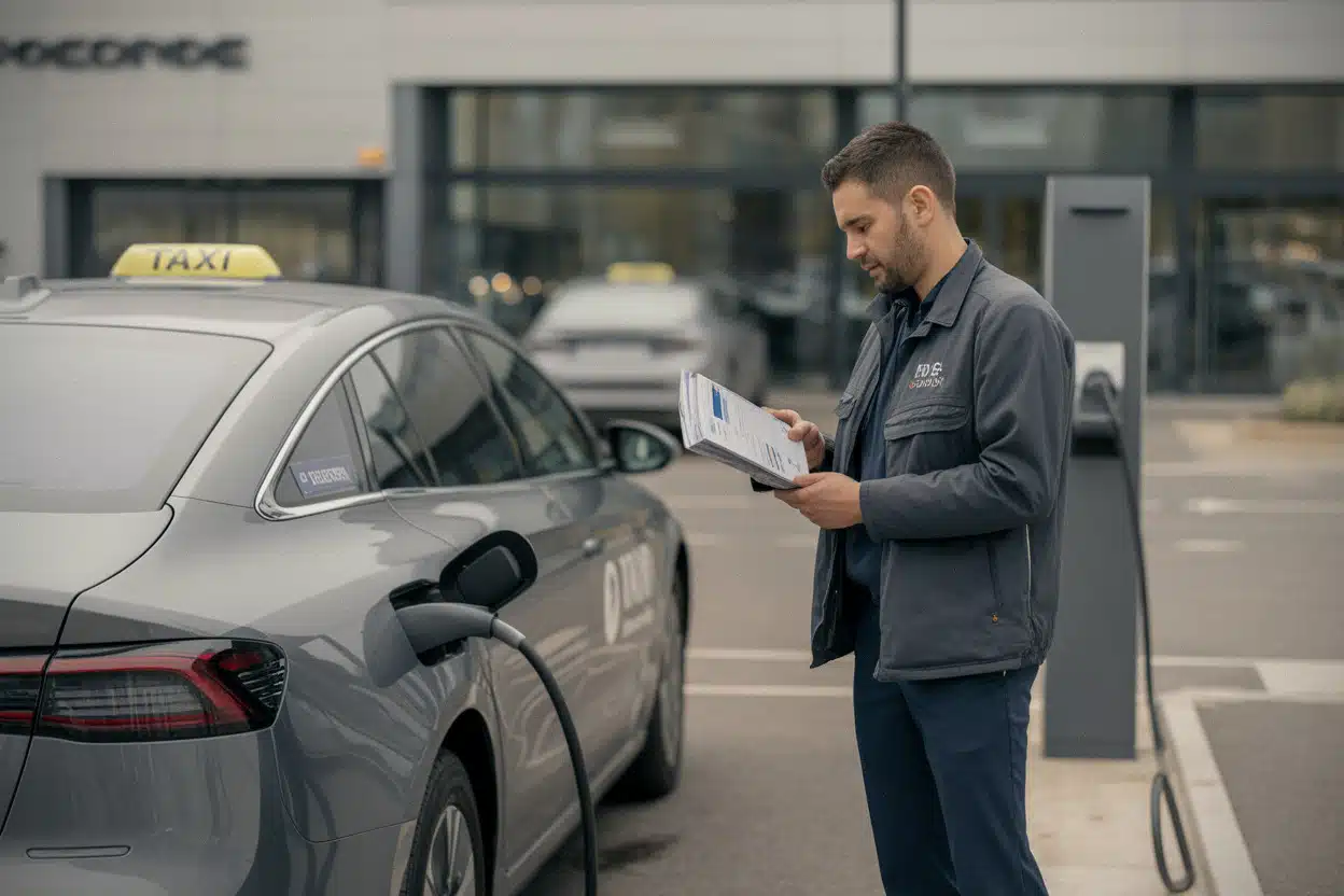 Chauffeur de taxi évaluant un véhicule électrique neuf