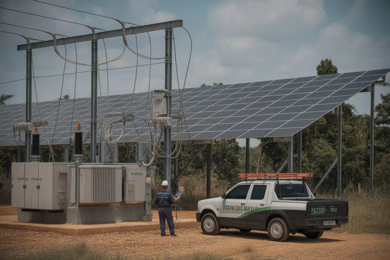 Panneaux solaires alimentant le réseau électrique près de Bangui