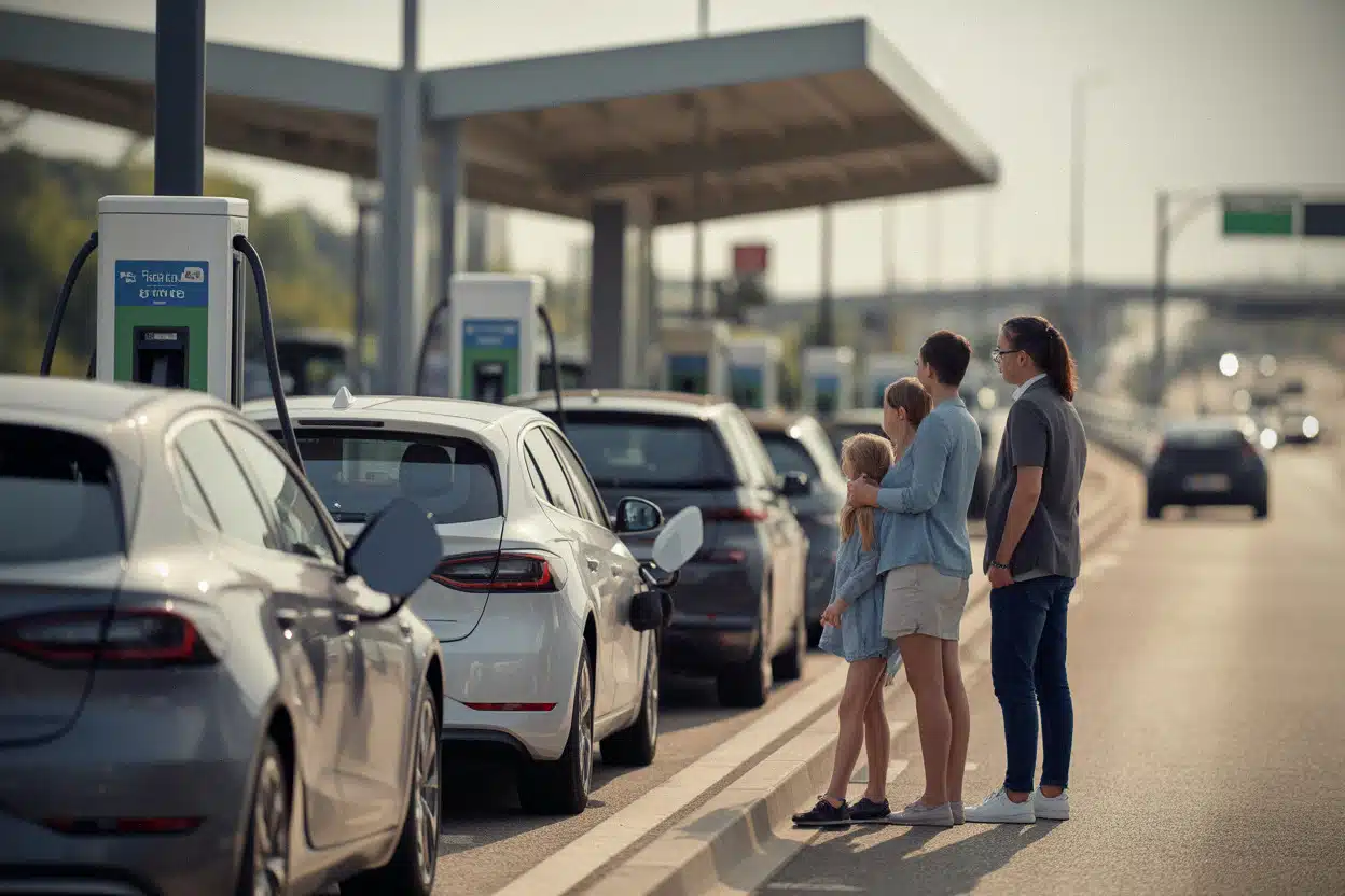 File de voitures électriques devant des bornes sur autoroute