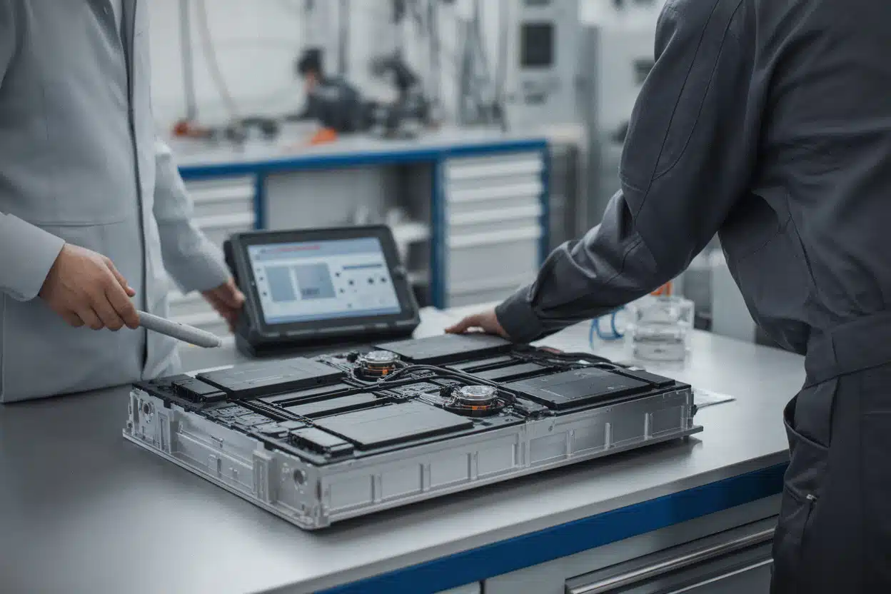 Batterie lithium-ion de voiture électrique en test dans un laboratoire