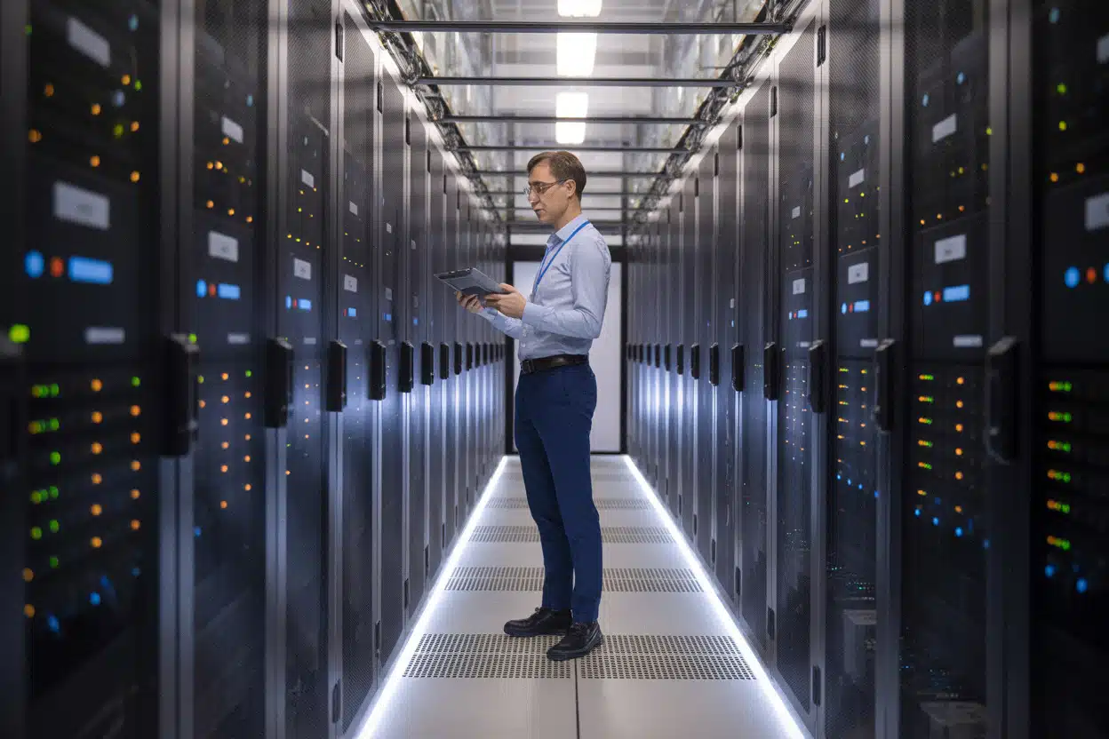 Centre de données illustrant la concurrence entre GPU et puces IA