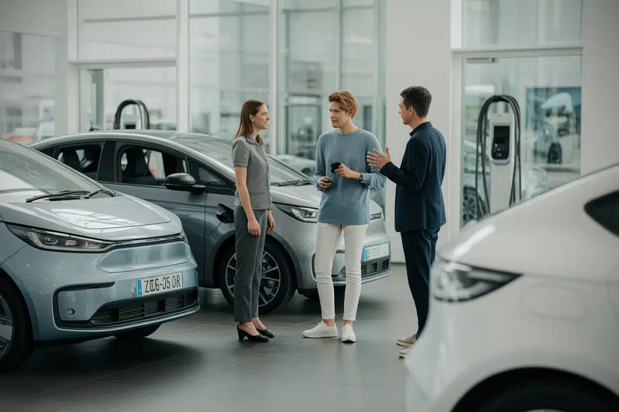 Acheteurs comparant des voitures électriques dans une concession française