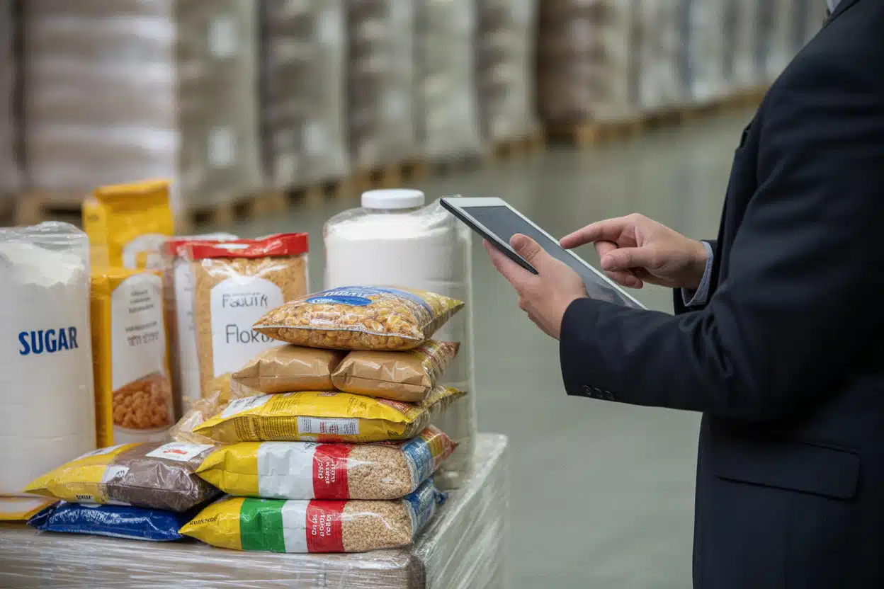 Stocks de sucre et céréales surveillés dans un entrepôt alimentaire