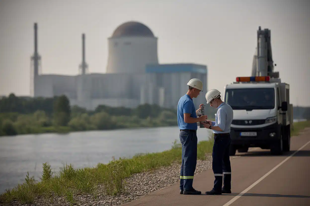 Techniciens surveillant le Danube près de la centrale de Kozloduy