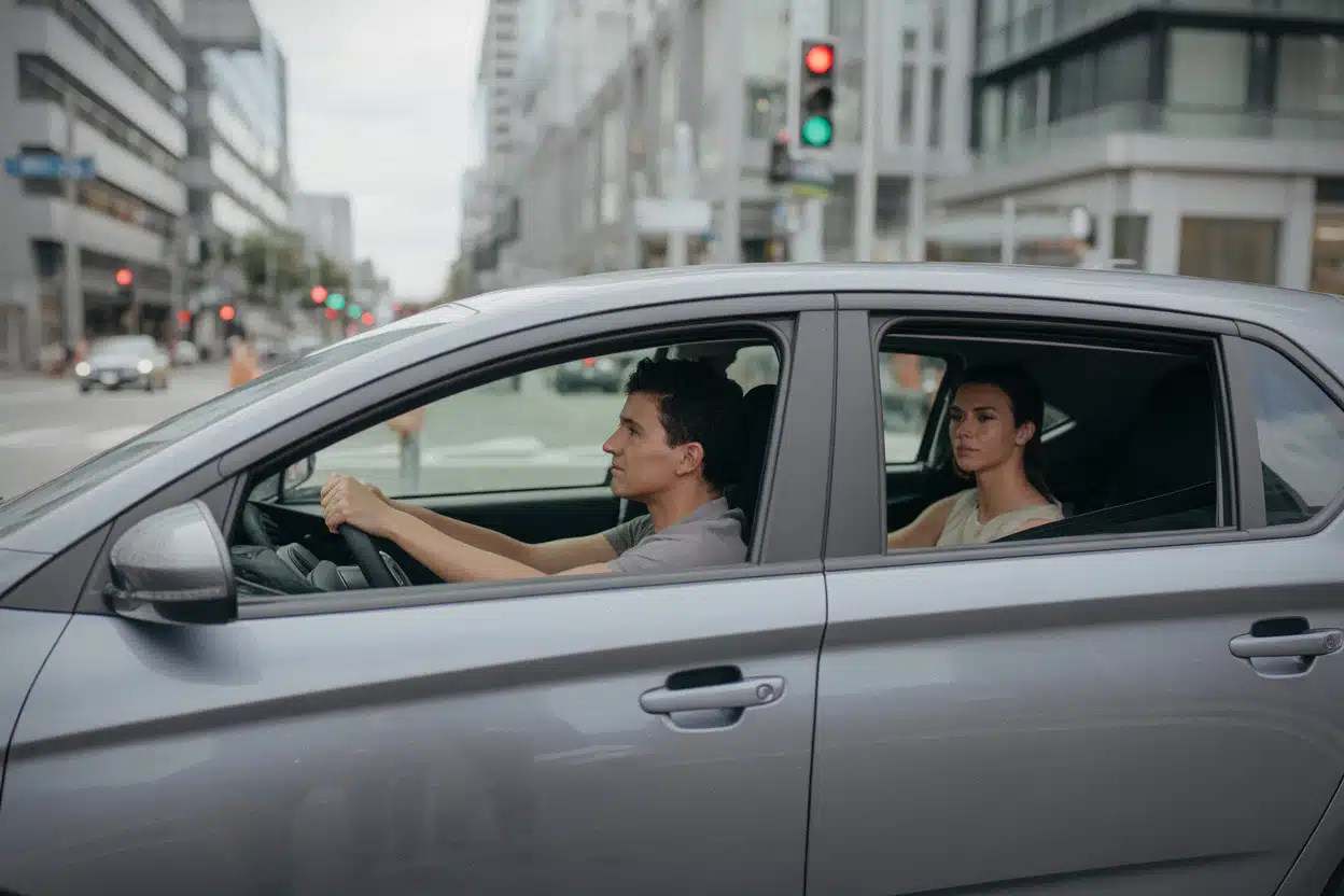 Voiture en ville avec vitres ouvertes à faible vitesse