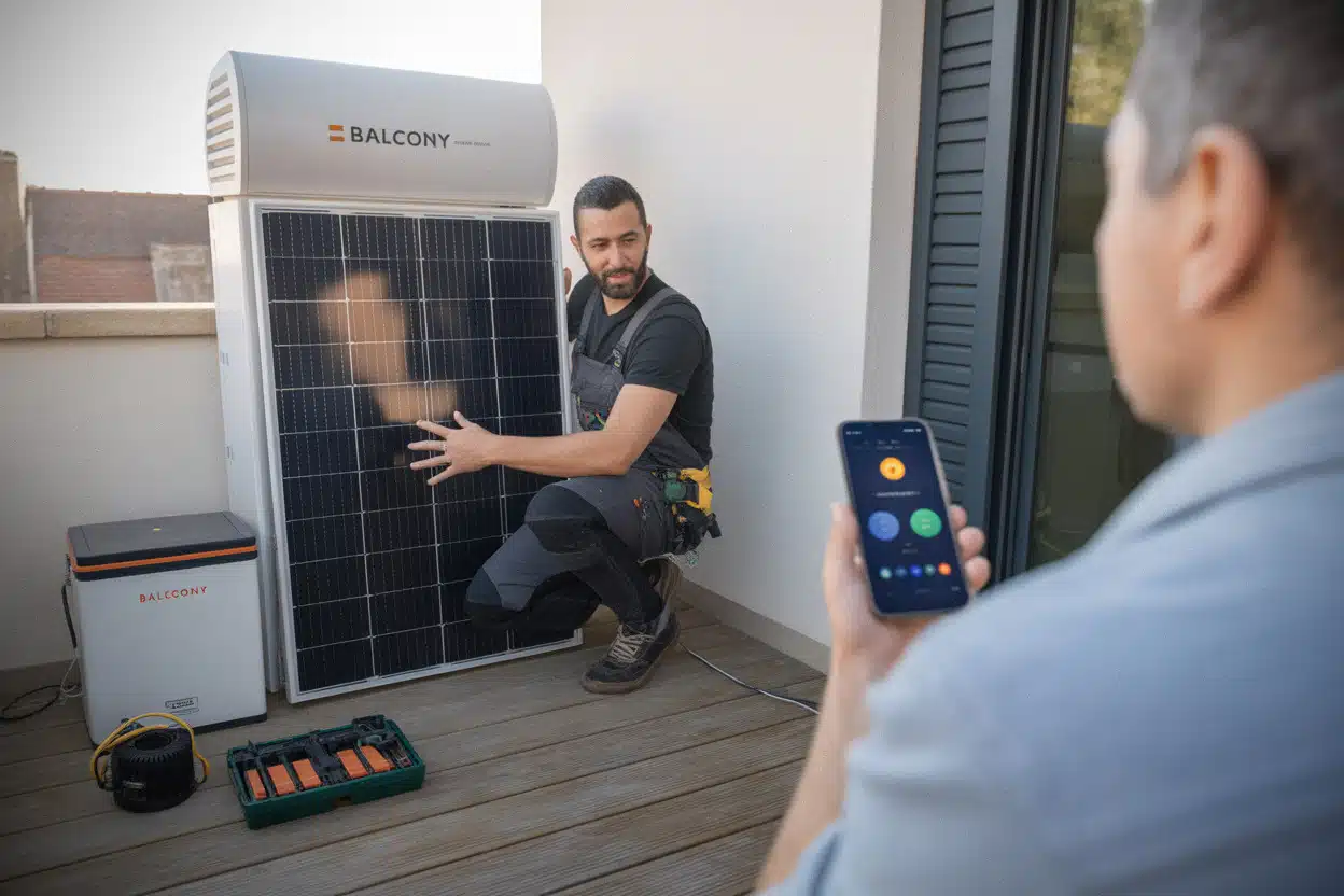 Technicien expliquant une installation solaire domestique avec batterie