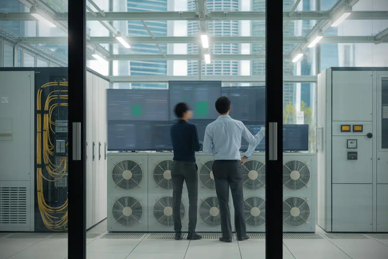 Techniciens surveillant la consommation énergétique d'un data center
