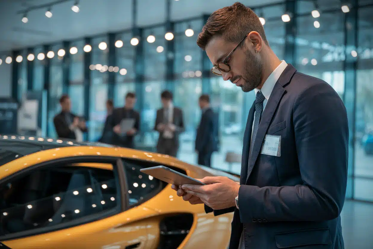 Expert vérifiant une voiture électrique de luxe avant enchères