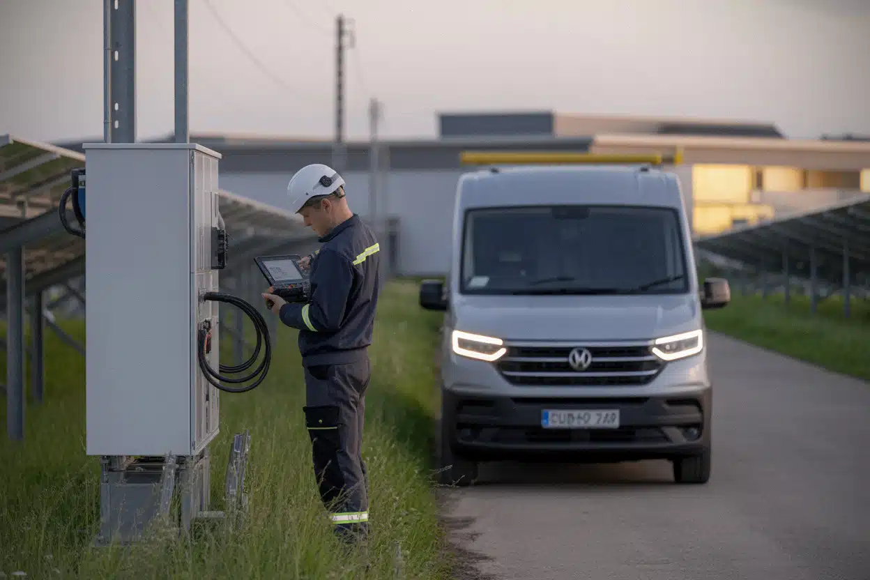 Technicien contrôlant le raccordement électrique d’une centrale solaire