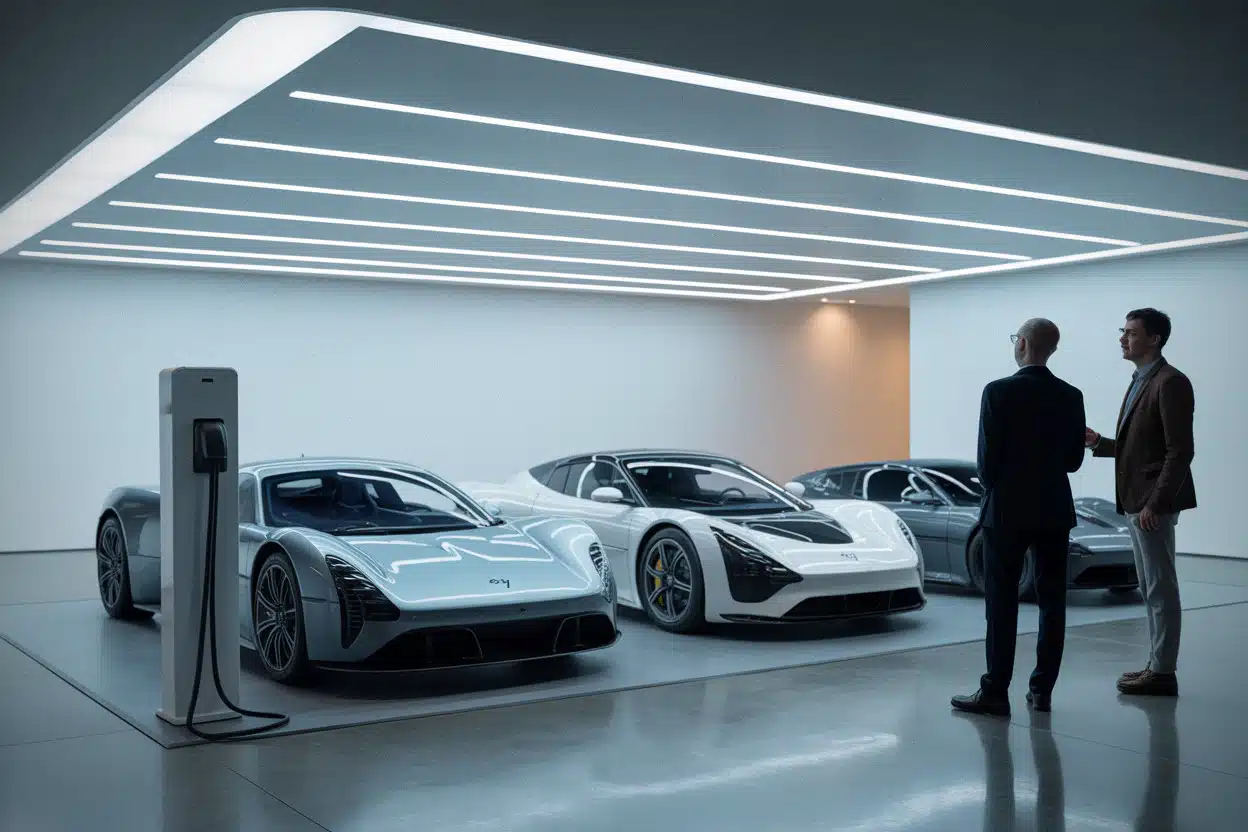 Collectionneurs observant des hypercars électriques dans une galerie moderne