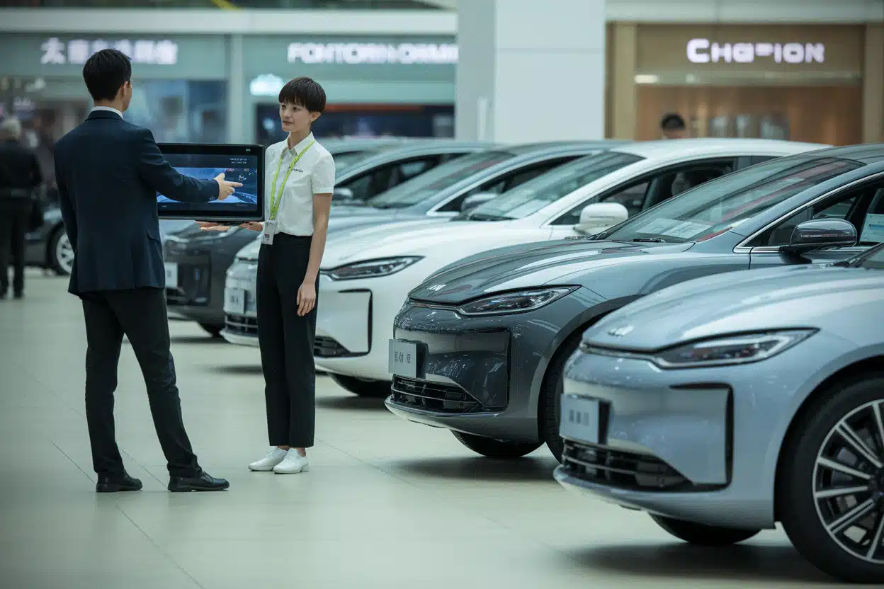 Showroom de voitures électriques chinoises dans un centre commercial moderne
