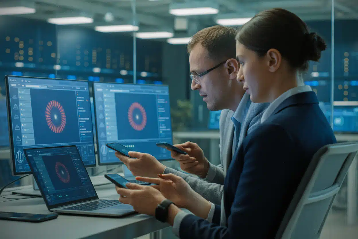 Analystes surveillant des fraudes automatisées liées à l’intelligence artificielle