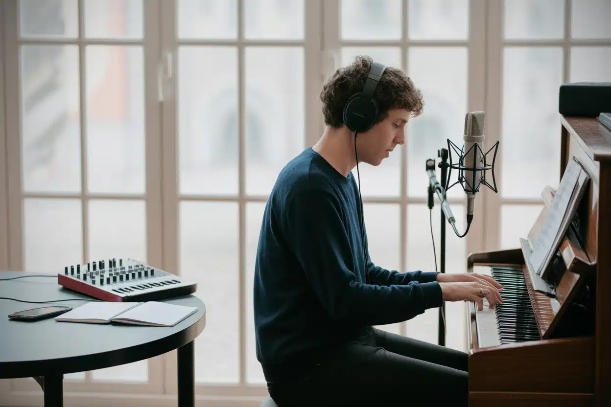 Artiste autodidacte répétant piano et chant dans un studio rennais