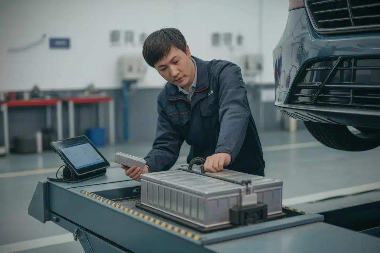 Technicien inspectant une batterie Blade dans un atelier automobile chinois
