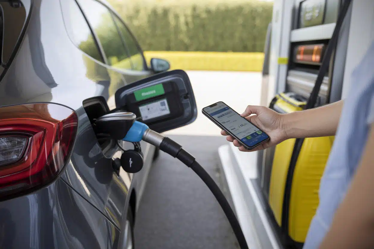 Conducteur faisant le plein avec comparaison des prix carburants