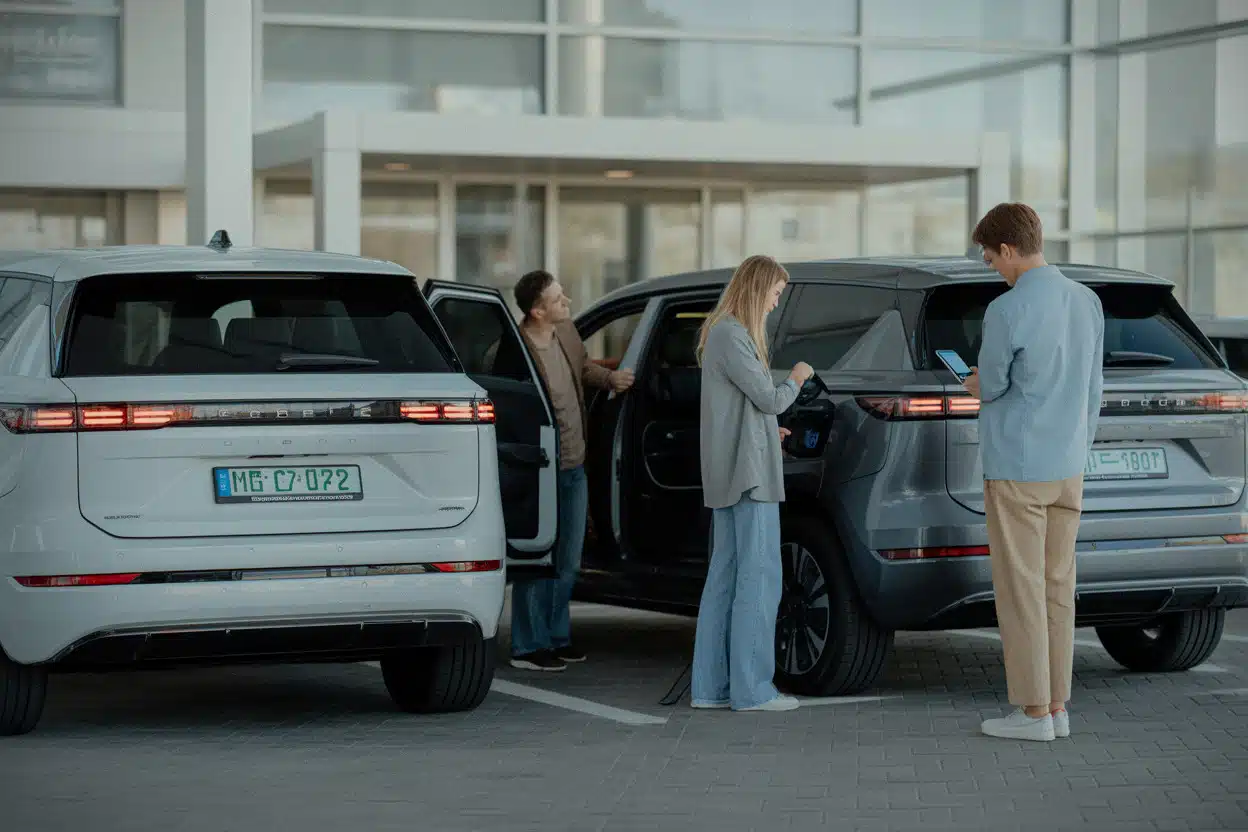 Famille comparant deux SUV électriques à sept places en concession