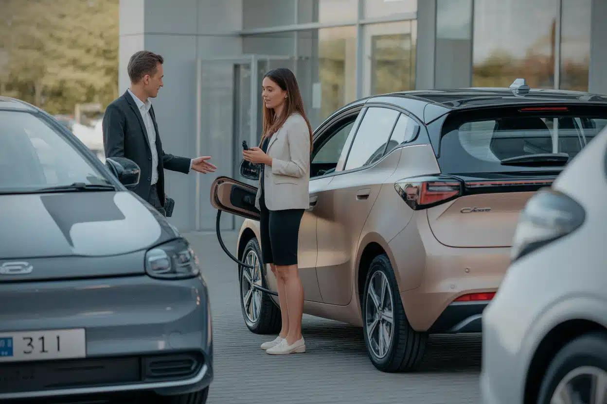 Acheteur découvrant une voiture électrique neuve en concession Renault
