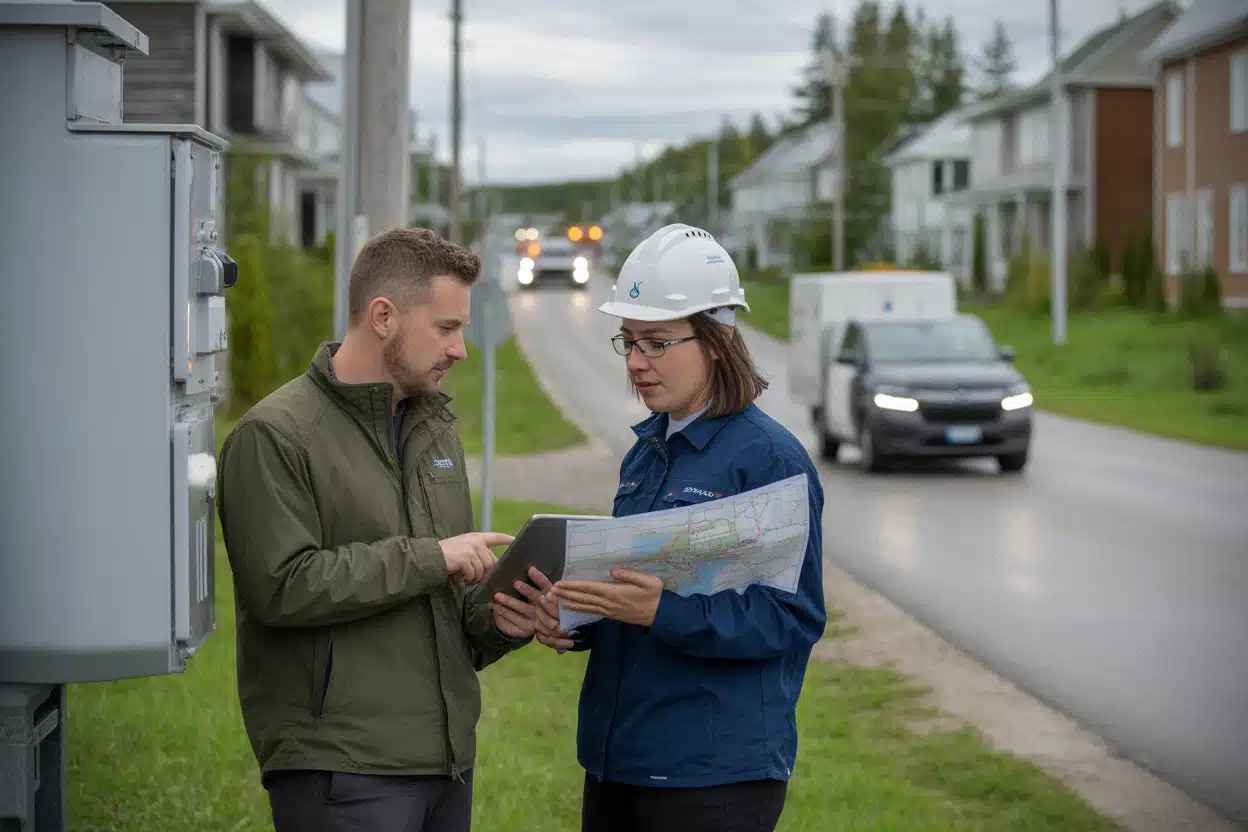 Techniciens évaluant le réseau électrique municipal en Estrie