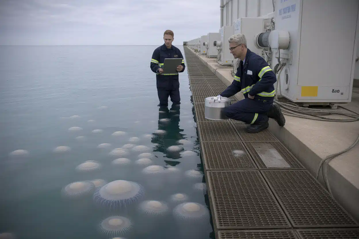 Techniciens contrôlant les prises d’eau après un afflux de méduses