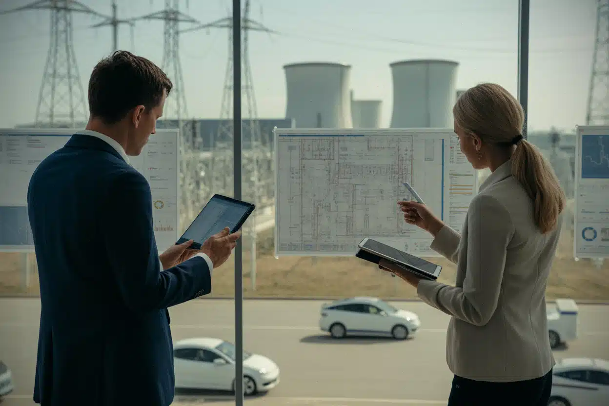 Investisseurs analysant un projet de centrale à fusion nucléaire