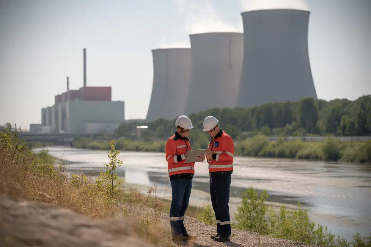 Techniciens contrôlant le débit de la Meuse près de la centrale de Chooz