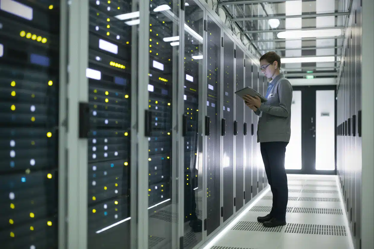 Technicien inspectant des infrastructures cloud européennes pour l’intelligence artificielle