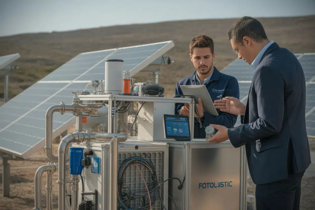 Techniciens inspectant une unité compacte de dessalement solaire côtier