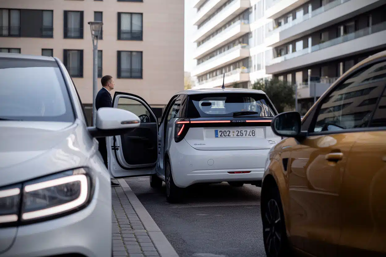 Citadine électrique compacte Suzuki stationnée dans un quartier urbain européen
