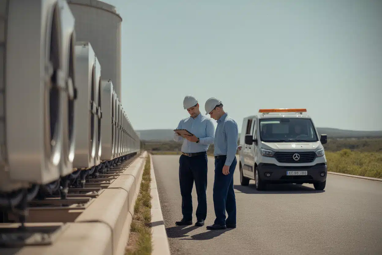 Techniciens devant la centrale nucléaire espagnole d’Almaraz prolongée
