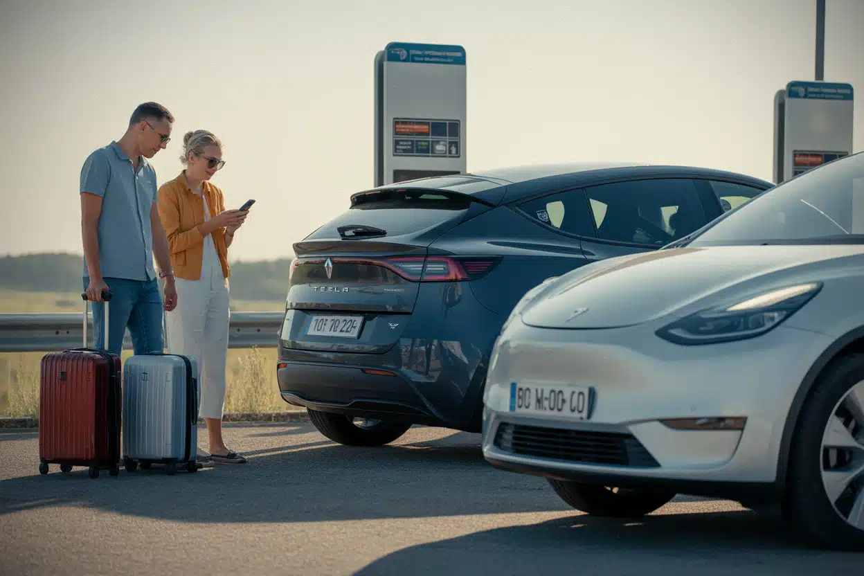 SUV électriques familiaux Tesla et Renault en recharge rapide sur autoroute