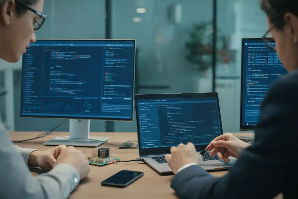 Développeurs testant Mojo sur matériel Qualcomm en laboratoire IA