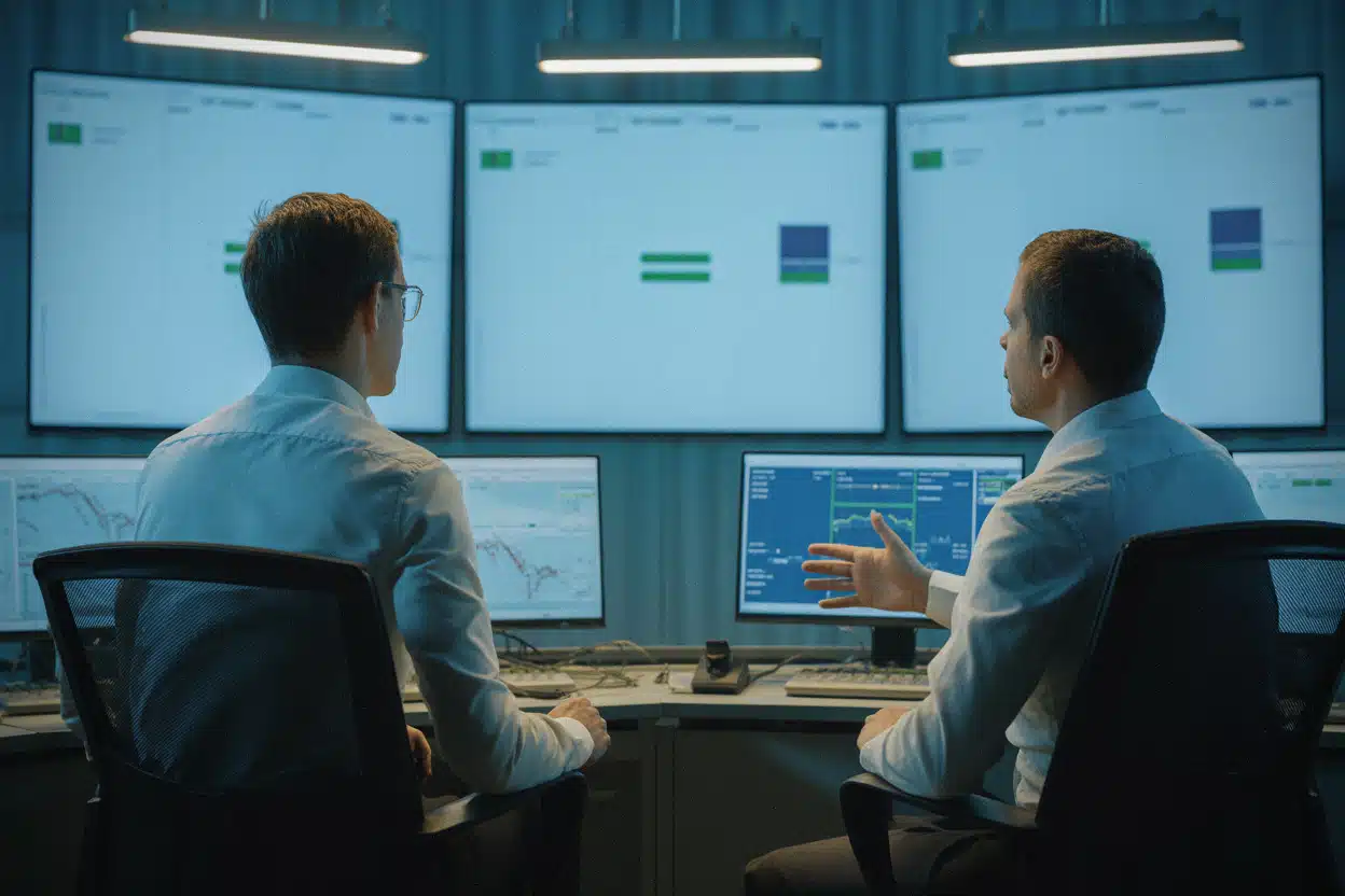 Salle de contrôle électrique surveillant la production nucléaire en période de sécheresse