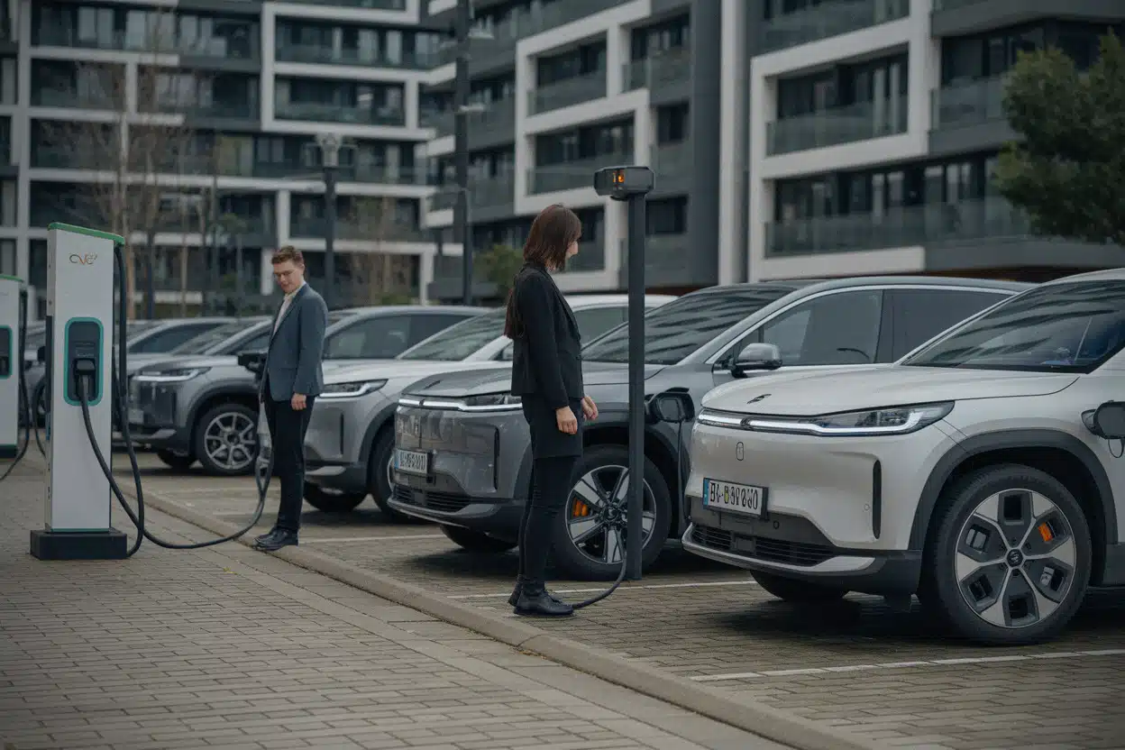 Voitures électriques chinoises dans une station de recharge urbaine
