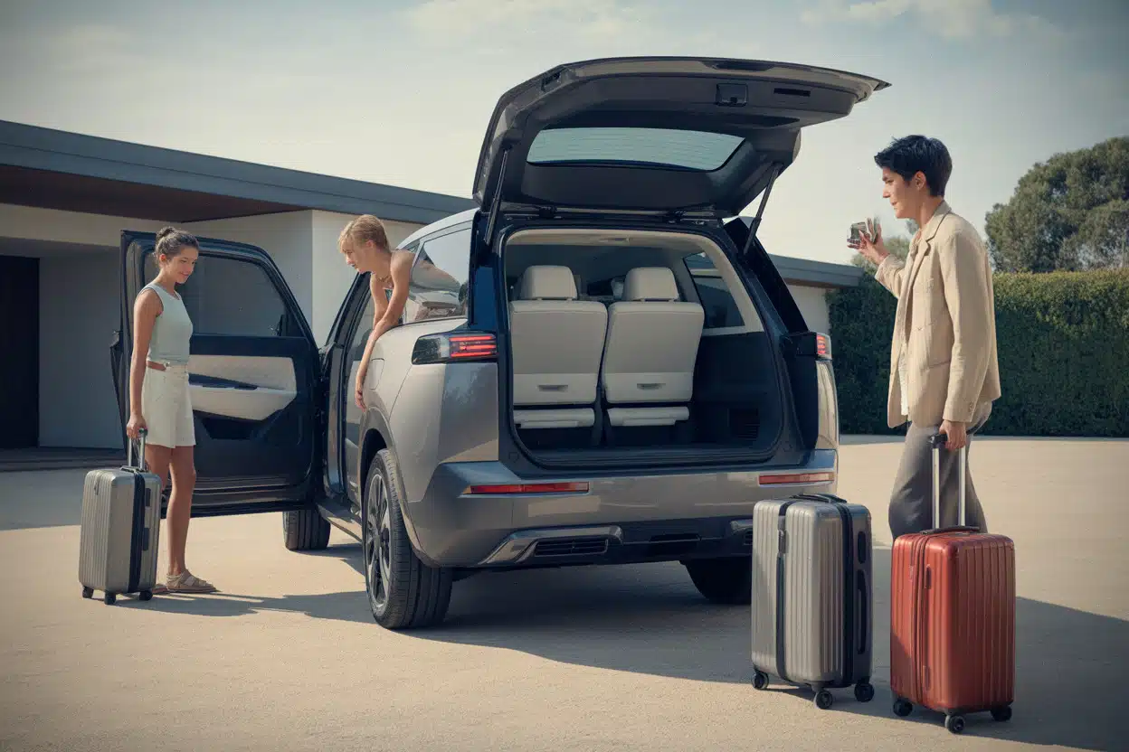 SUV électrique sept places chargé pour des vacances en famille