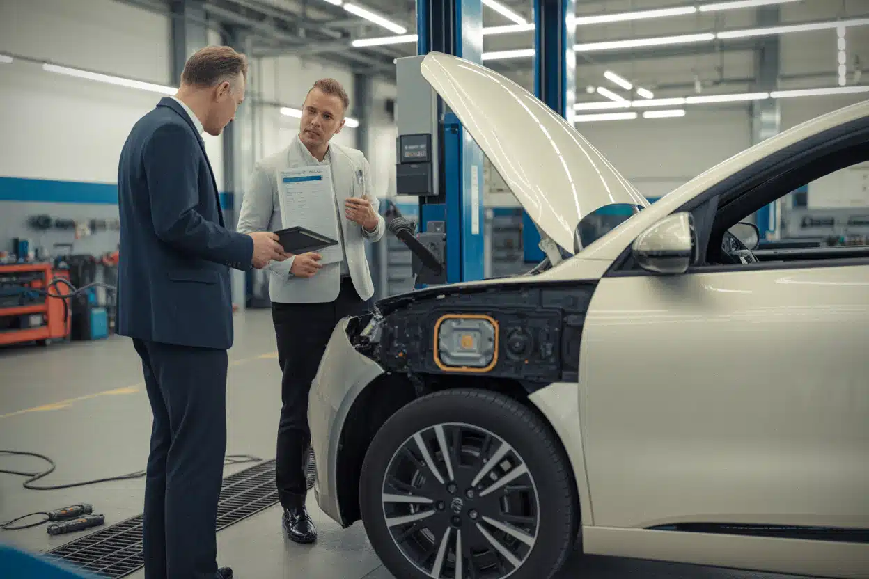 Expert et réparateur évaluant une batterie après accident électrique