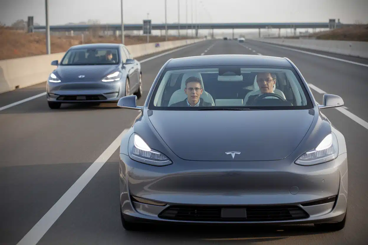 Berlines électriques sobres roulant à vitesse stabilisée sur autoroute