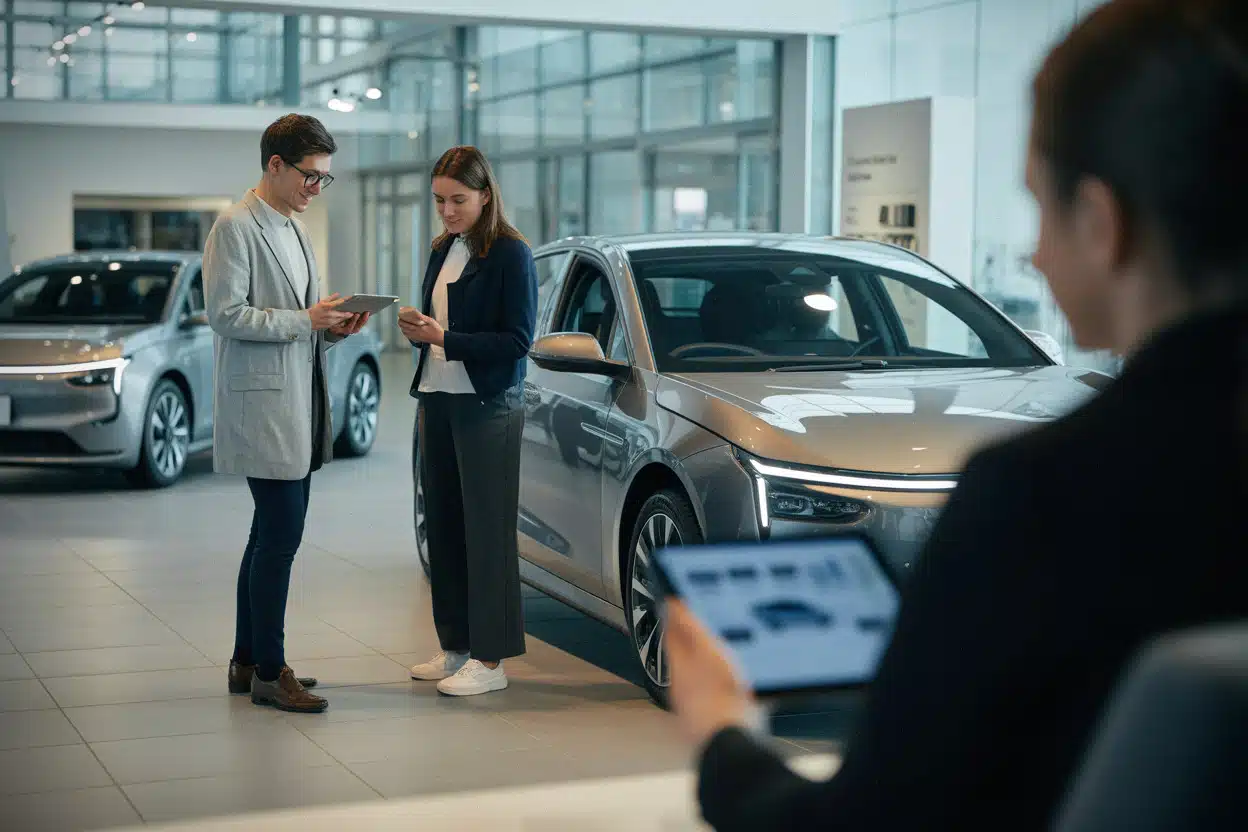 Clients comparant le prix d’une berline électrique en concession
