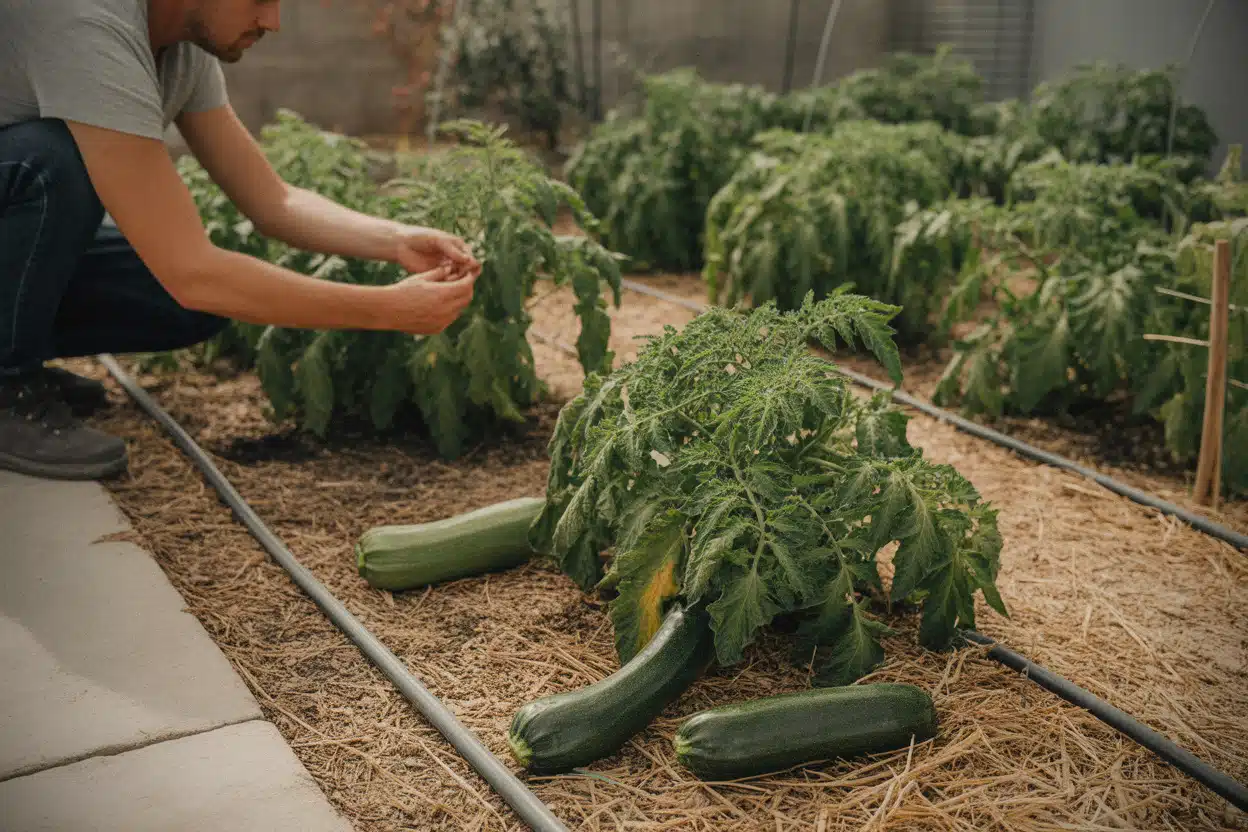 Plants de légumes fragilisés par la canicule dans un potager