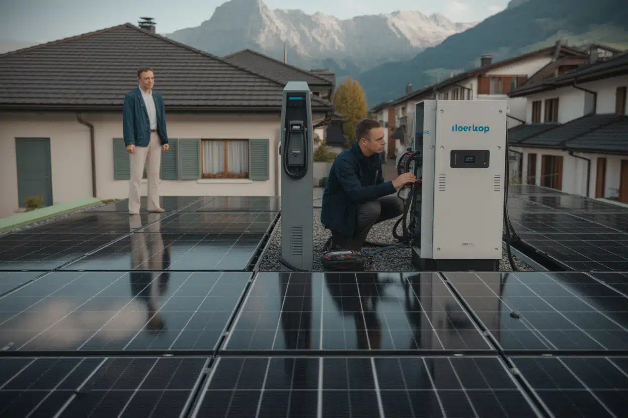 Technicien contrôlant des panneaux photovoltaïques sur un toit suisse