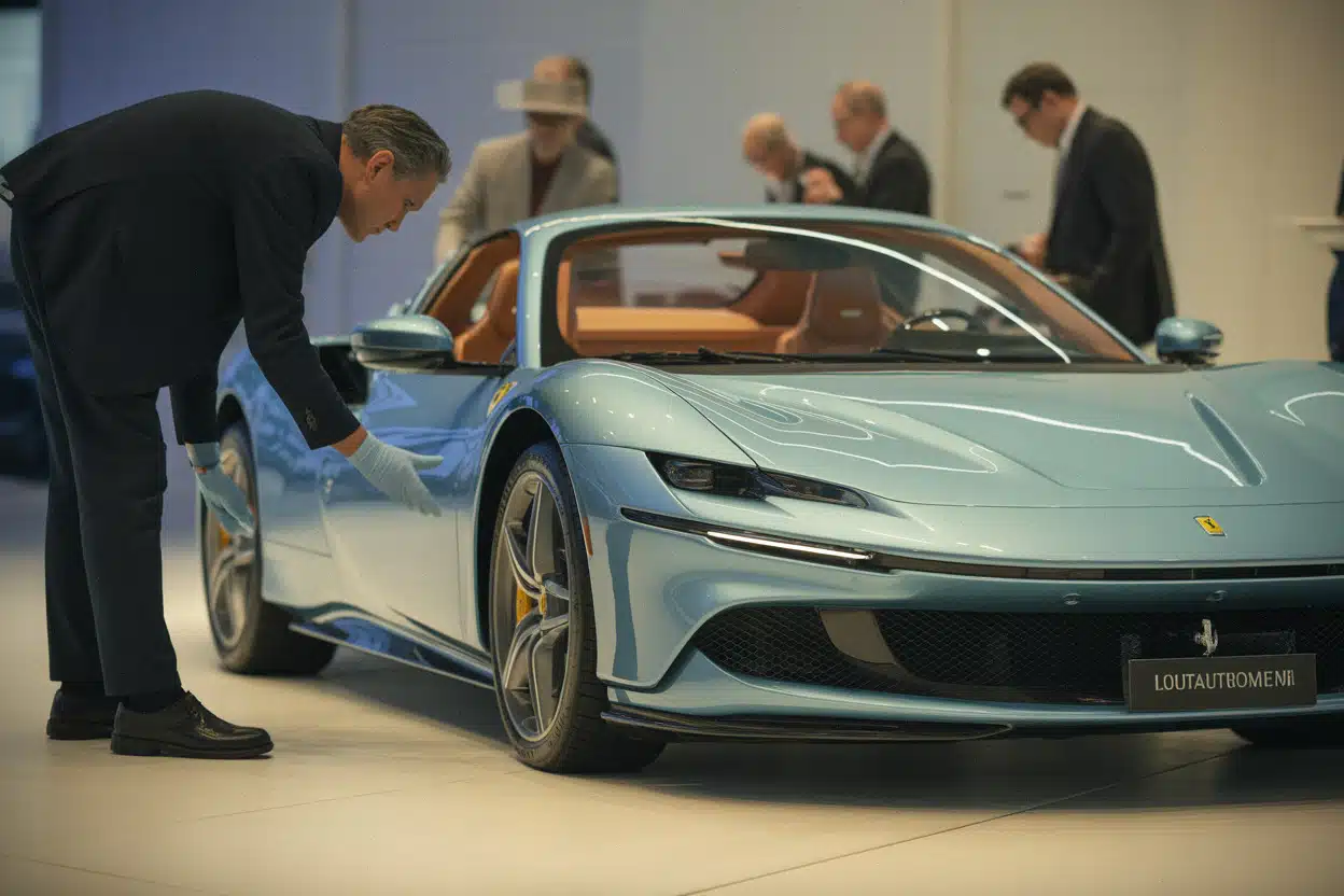 Ferrari électrique rare inspectée avant une vente aux enchères