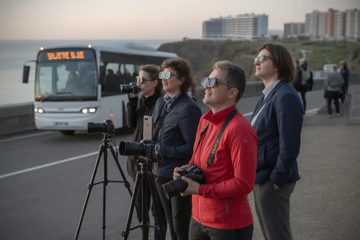 Touristes observant l’éclipse solaire sur un site côtier espagnol