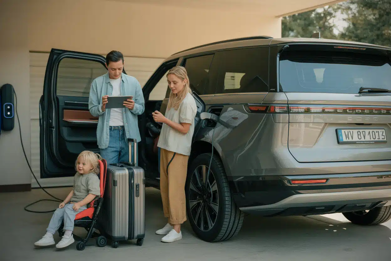Famille préparant un long trajet avec un SUV électrique