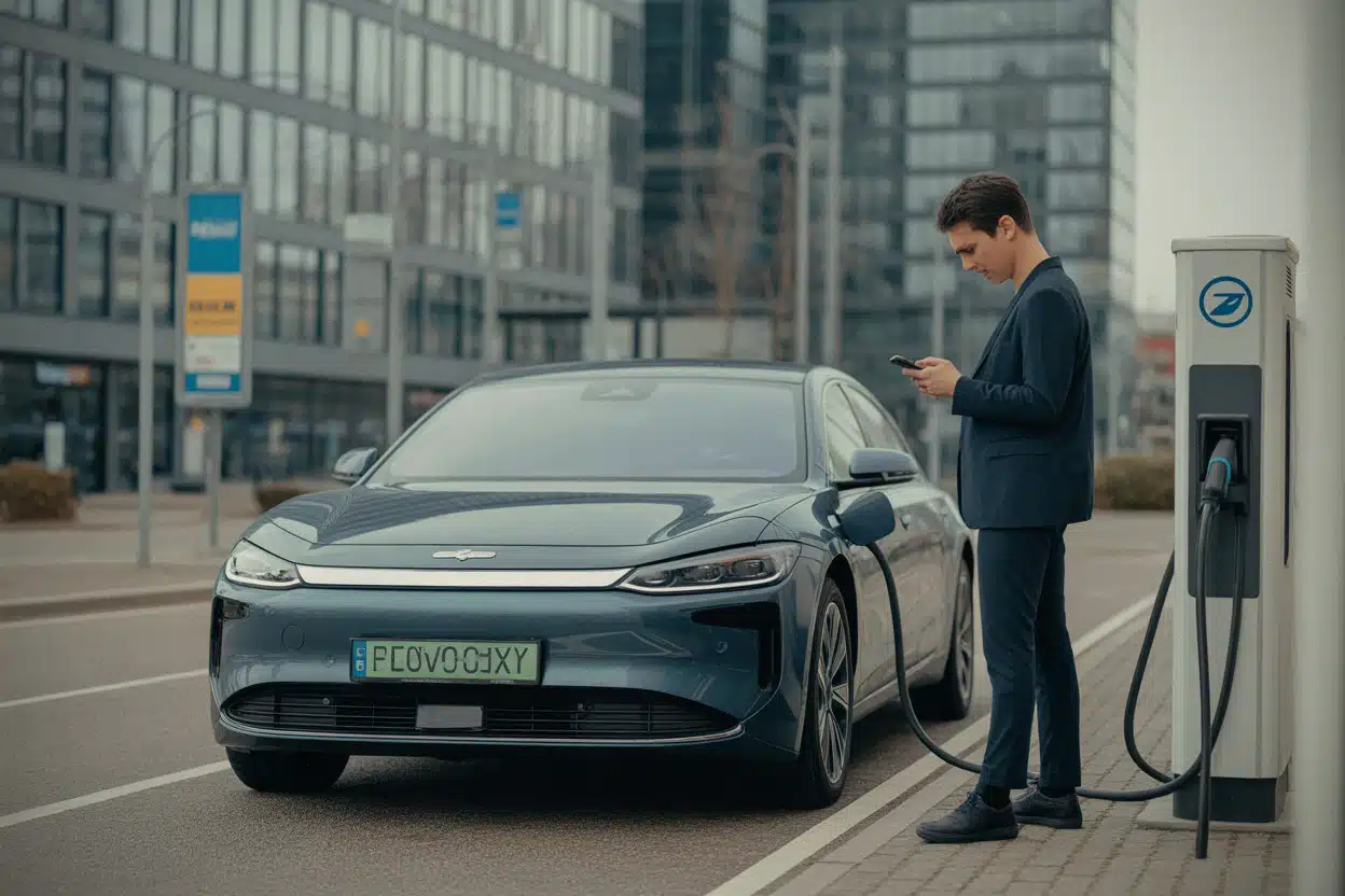 BMW i3 électrique en recharge rapide dans un quartier moderne