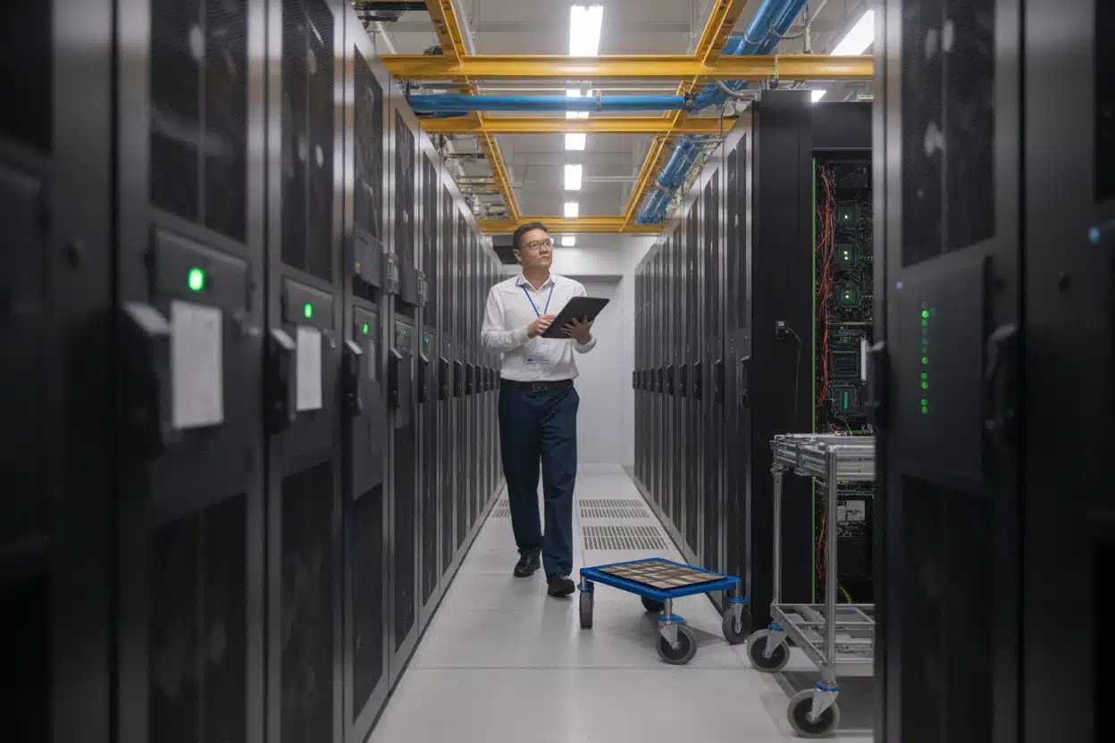 Serveurs GPU et refroidissement dans un centre de calcul IA